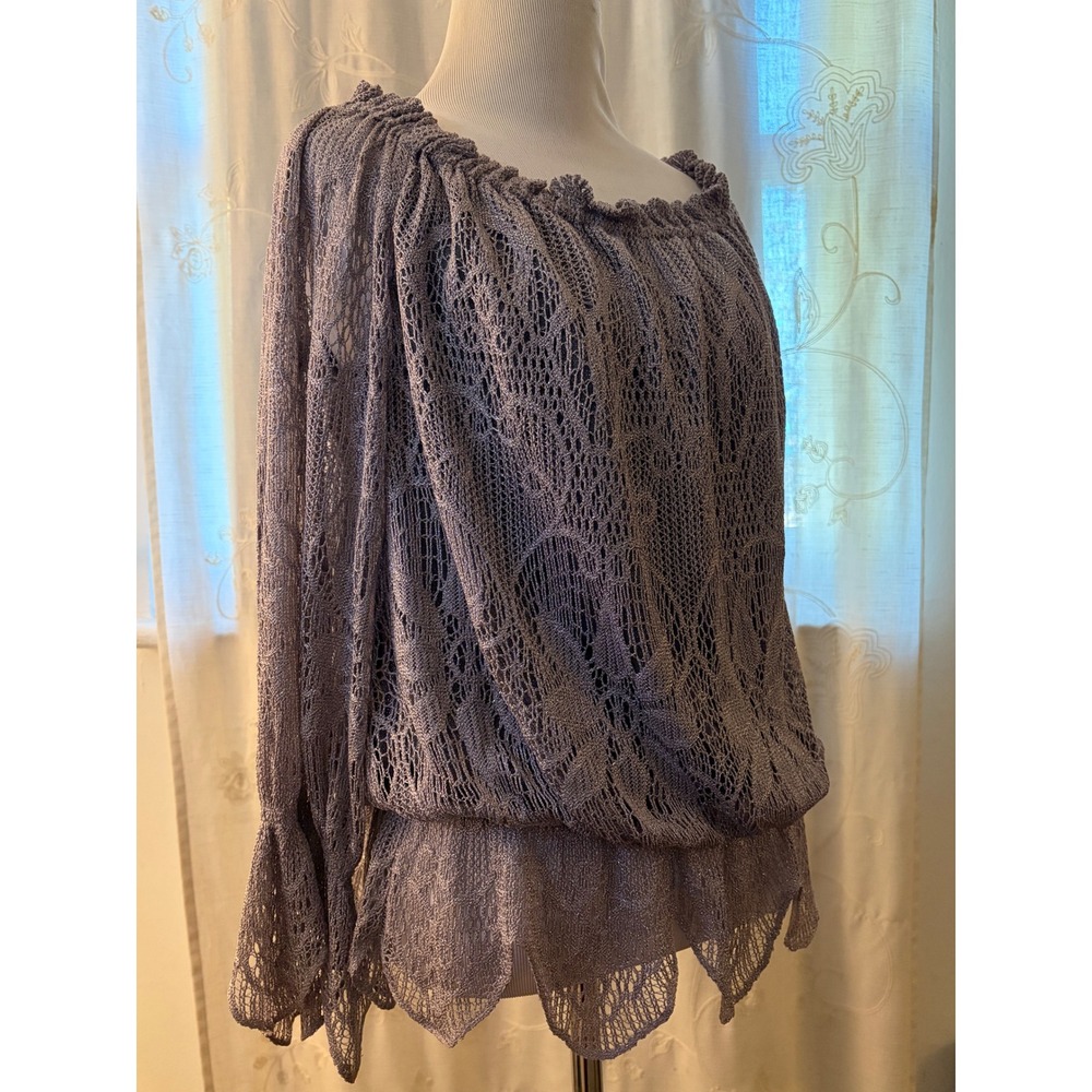 Vintage 80s 90s Metallic Lavender Open Knit Lace Ruffle Bell Sleeve Blouse